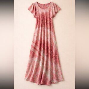 YULI Silk Maxi Dress Pink Paisley Boho Flutter Sleeve Flowy Woman Free Size